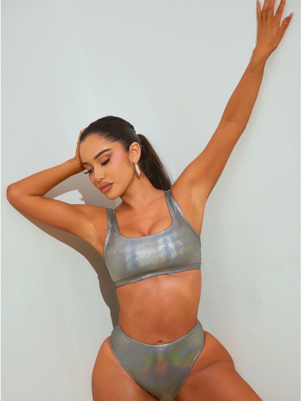 Fashion Nova Metallic Silver Scoop-Neck Bikini Top and High-Waist Bottom Set